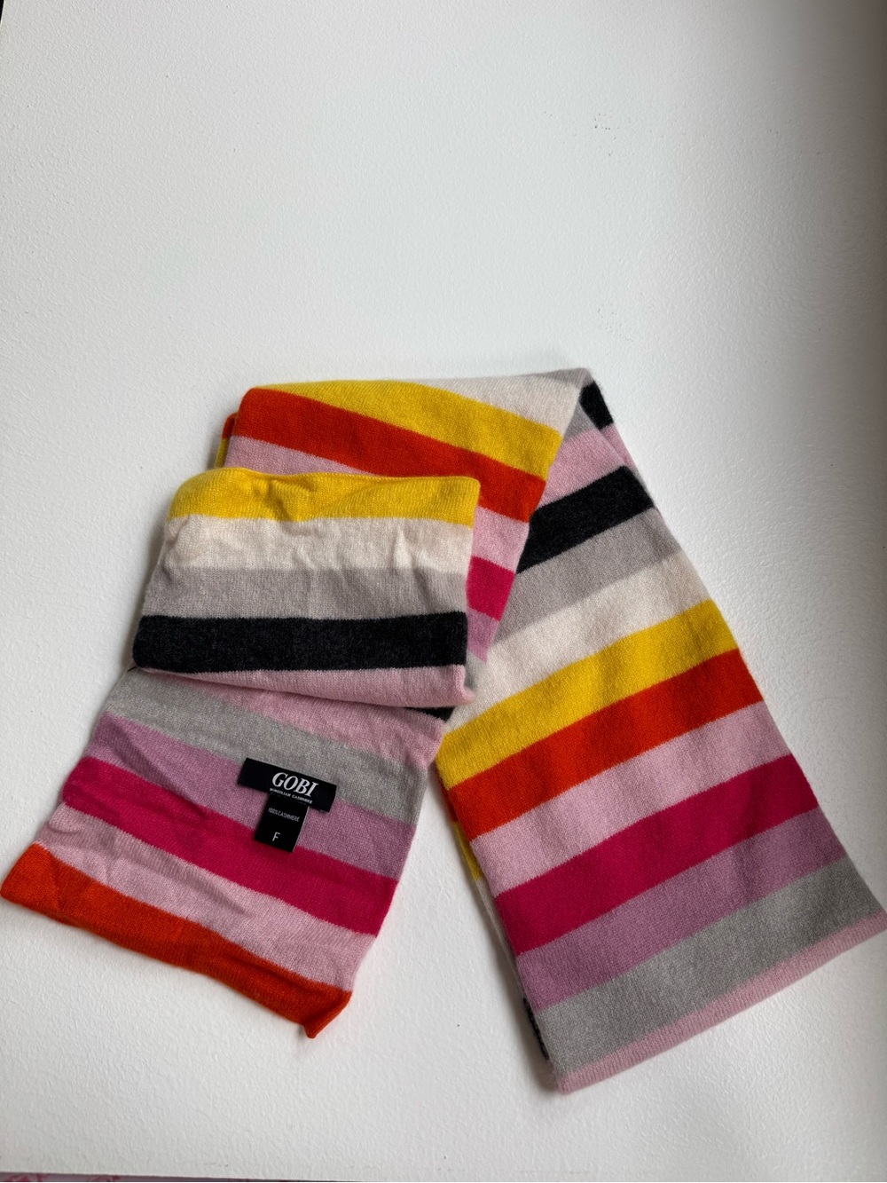 GOBI 100% Cashmere multicolored striped knit scarf.